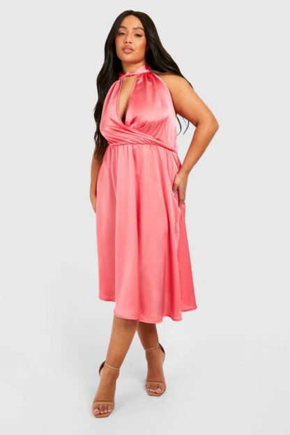 Womens Plus Satin Halter Neck Skater Dress - Pink - 22, Pink