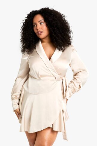 Womens Plus Satin Wrap Skater Dress - Beige - 16, Beige