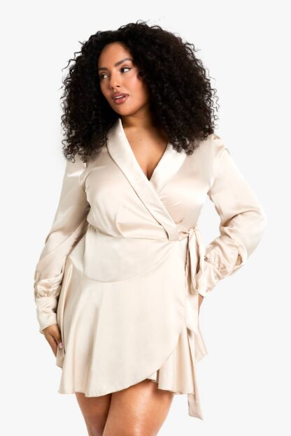 Womens Plus Satin Wrap Skater Dress - Beige - 16, Beige