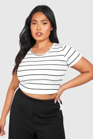 Womens Plus Scoop Neck Stripe Rib Top - White - 18, White
