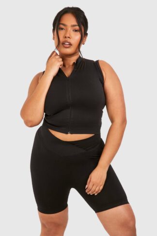 Womens Plus Seamless High Neck Zip Up Crop Top - Black - 20-22, Black