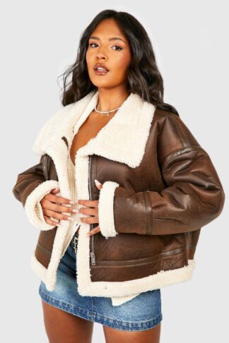 Womens Plus Teddy Trim Aviator Jacket - Brown - 22, Brown