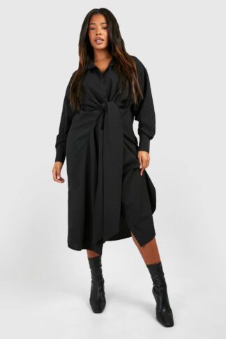 Womens Plus Textured Woven Tie Front Midi Shirt Dress - Black - 22, Black