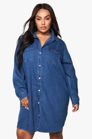 Womens Plus Western Denim Shirt Dress - Blue - 22, Blue