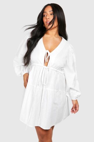 Womens Plus Woven Tie Detail Long Sleeve Skater Dress - White - 24, White
