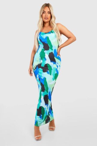 Womens Plus Abstract Print Cowl Neck Maxi Dress - Blue - 18, Blue