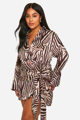 Womens Plus Animal Print Tie Waist Shirt Wrap Dress - Brown - 28, Brown