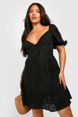 Womens Plus Broderie Anglaise Puff Sleeve Tiered Skater Dress - Black - 18, Black