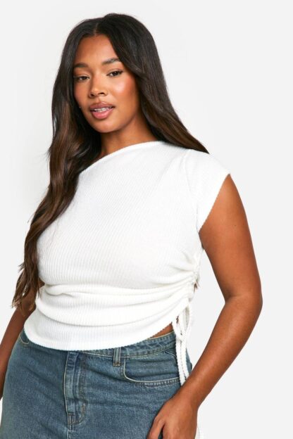 Womens Plus Brushed Rib Asymmetric Ruched Side Top - White - 28, White