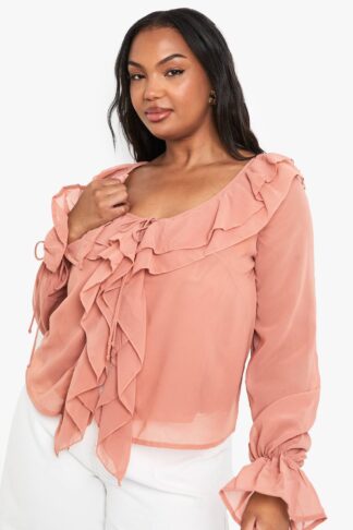 Womens Plus Chiffon Ruffle Tie Detail Blouse - Pink - 28, Pink