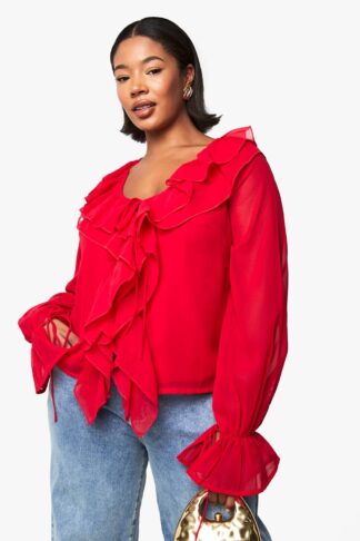 Womens Plus Chiffon Ruffle Tie Detail Blouse - Red - 16, Red