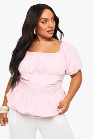 Womens Plus Cotton Puff Sleeve Blouse - Pink - 16, Pink