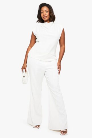 Womens Plus Cowl Neck Crepe Shoulder Pad Blouse - White - 22, White