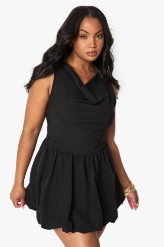 Womens Plus Cowl Puff Ball Woven Dress - Black - 28, Black