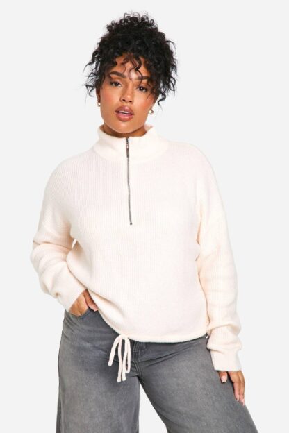 Womens Plus Drawstring Zip Funnel Neck Jumper - Cream - 24, Cream