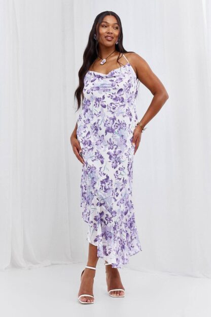 Womens Plus Floral Cowl Back Asymmetric Maxi Dress - Purple - 28, Purple