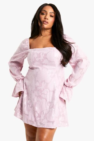 Womens Plus Floral Sequin Long Sleeve Skater Dress - Pink - 16, Pink