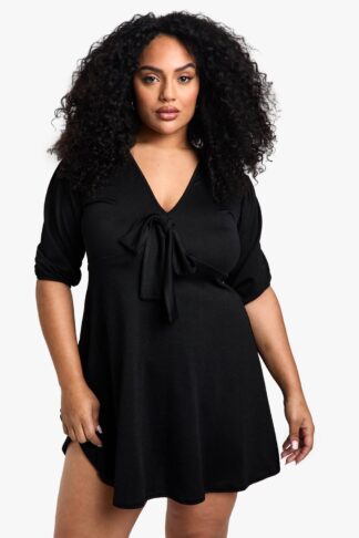 Womens Plus Knot Front Skater Dress - Black - 16, Black