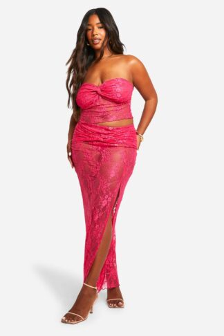 Womens Plus Lace Ruched Bandeau Top & Knot Detail Maxi Skirt Co-Ord - Pink - 28, Pink