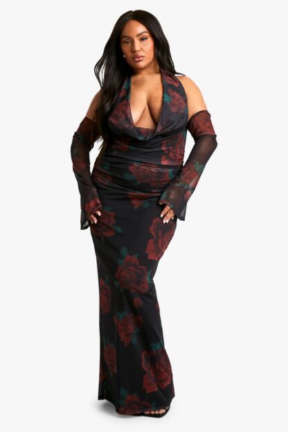 Womens Plus Mesh Printed Cowl Neck Ruched Maxi Dress - Black - 16, Black