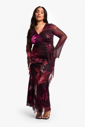 Womens Plus Mesh Printed Ruffle Wrap Maxi Dress - Red - 28, Red