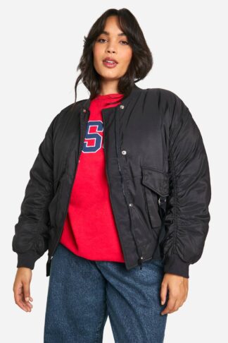 Womens Plus Pocket Detail Oversized Bomber Jacket - Black - 26, Black
