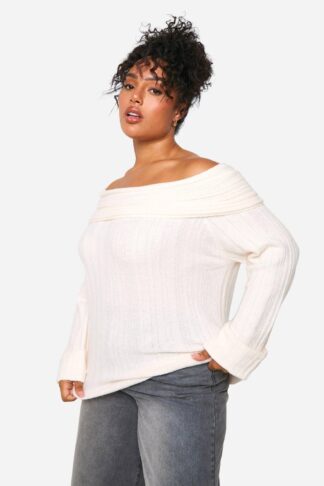 Womens Plus Rib Neckline Bardot Longline Jumper - Cream - 16-18, Cream