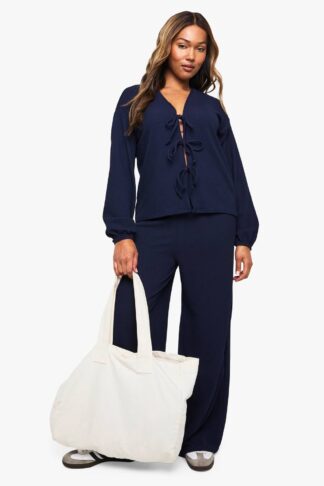 Womens Plus Rib Tie Front Blouse And Trouser Co-Ord - Navy - 28, Navy