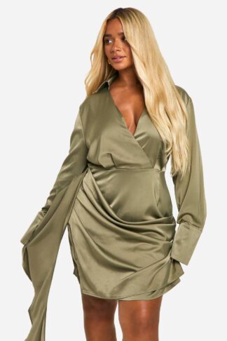 Womens Plus Satin Drape Wrap Dress - Green - 28, Green