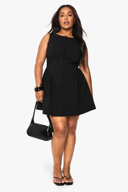 Womens Plus Size Button Down Mini Skater Dress - Black - 16, Black