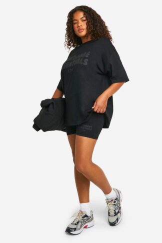 Womens Plus Slogan Puff Print Oversized T-Shirt And Short Set - Black - 28, Black