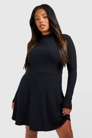 Womens Plus Soft Rib High Neck Skater Dress - Black - 16, Black