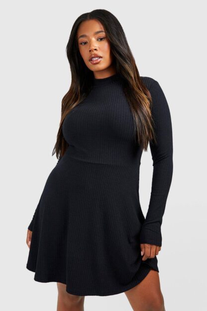 Womens Plus Soft Rib High Neck Skater Dress - Black - 16, Black