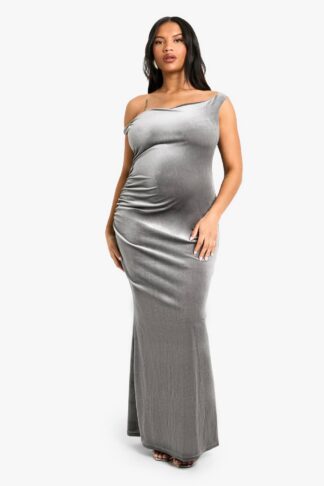Womens Plus Velvet Asymmetric Ruched Maxi Dress - Grey - 16, Grey