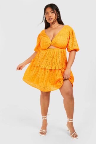 Womens Plus Woven Broderie Cut Out Detail Mini Dress - Orange - 24, Orange