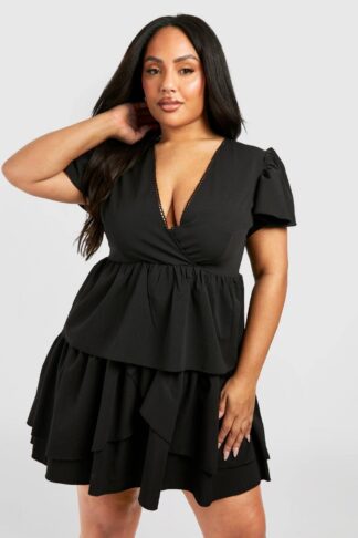 Womens Plus Woven Textured Ruffle Skater Dress - Black - 28, Black